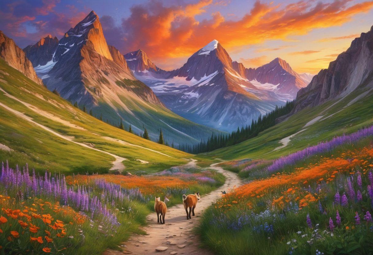 A scenic mountain landscape at sunset, featuring a couple hiking hand-in-hand on a winding trail. Surround them with blooming wildflowers and majestic peaks in the background, symbolizing adventure and connection. The sky should burst with vibrant oranges and purples, creating a romantic atmosphere. Include a playful fox or deer observing the couple, adding a touch of whimsy. super-realistic. vibrant colors. nature-inspired.