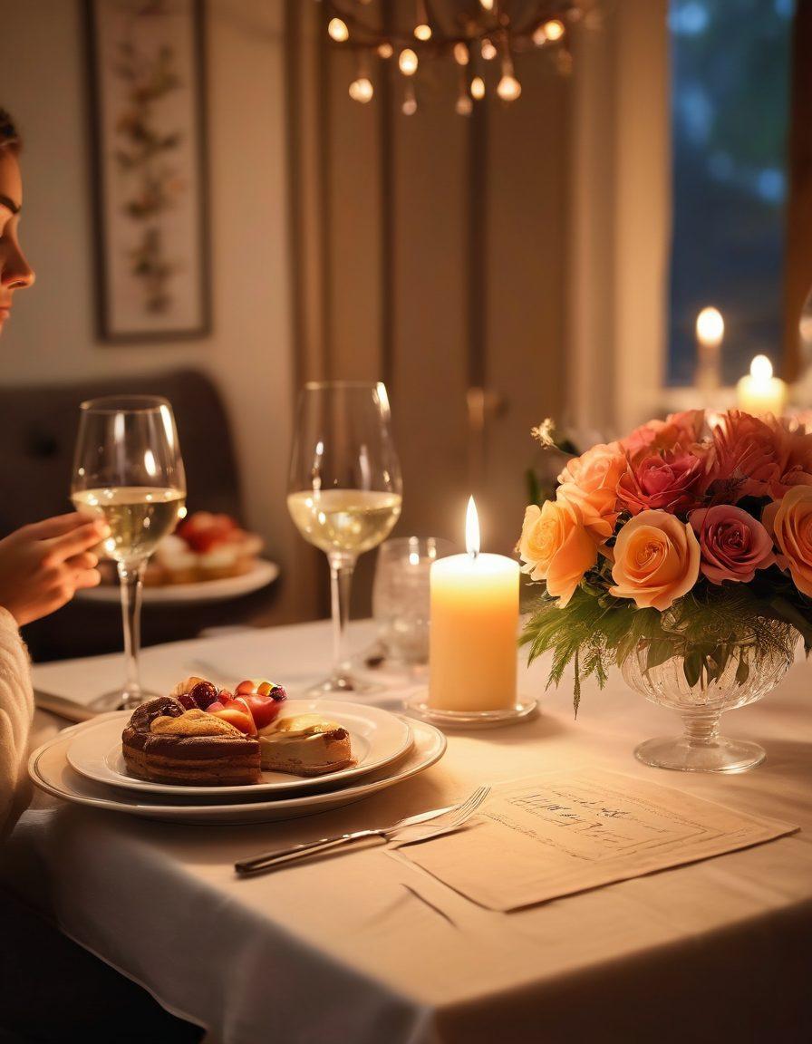 A cozy, candle-lit dinner table set for two, adorned with romantic flowers and softly glowing lights. In the background, a couple is joyfully engaged in conversation, sharing a moment of connection, with soft music notes floating in the air. A beautifully decorated dessert plate sits at the center, adding a sweet touch to the ambiance. The scene radiates warmth and intimacy. super-realistic. warm colors. soft focus.