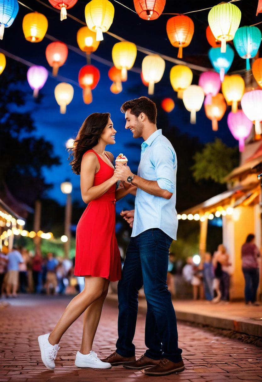 A couple on a dynamic and adventurous date, engaging in a fun activity like zip-lining or dancing under colorful lanterns. The atmosphere is vibrant with romantic lighting, showcasing their deep connection and laughter. Include elements of passion and intimacy, such as heart-shaped decorations or a shared ice cream cone. Focus on their expressive faces and the exhilarating surroundings. vibrant colors. super-realistic.